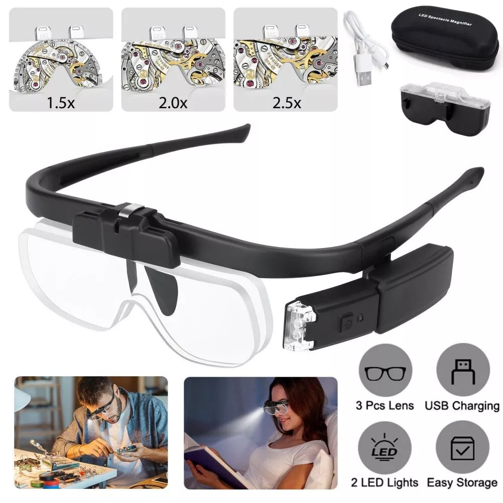 LED Jewelers Magnifying Glasses Headband Magnifier Illuminated Visor With 3 Lens