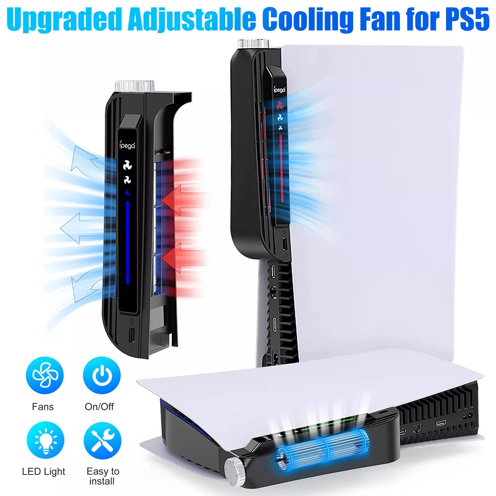Cooling Fan Fit for PS5 Disc & Digital Edition Upgraded Cooler with USB 3.0 Port