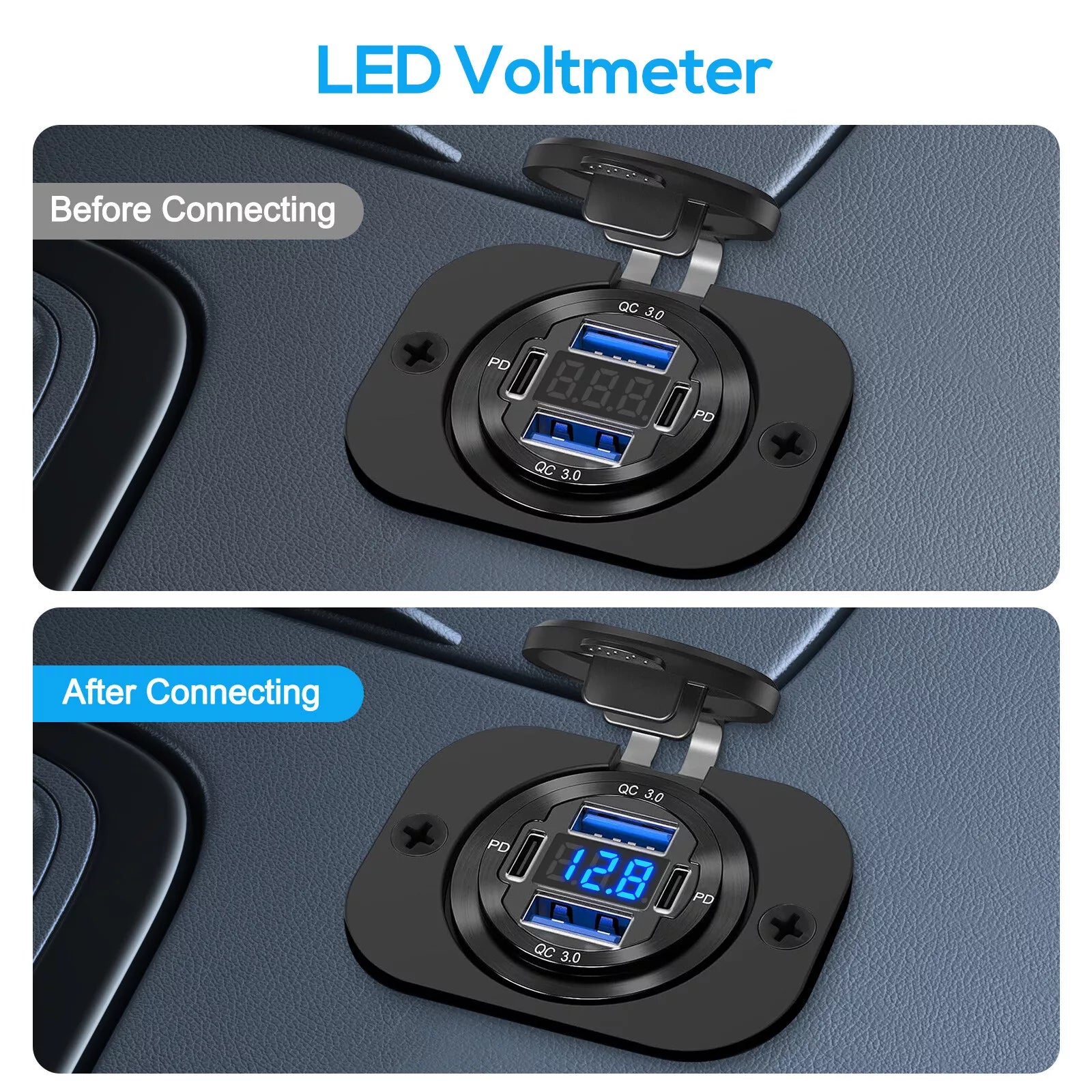 12-24V 4 Port Fast Car Charger QC3.0 & PD USB C Outlet Socket for Boat RV Marine