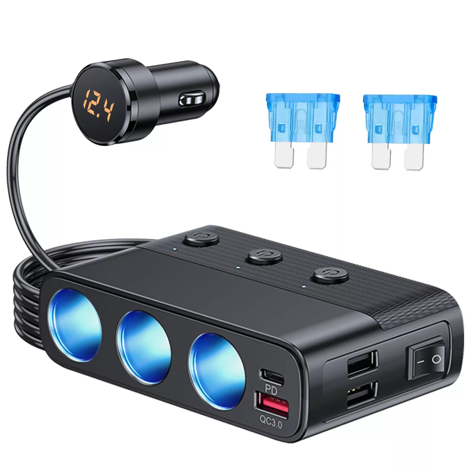 3-Way Car Cigarette Lighter Socket Splitter, 7 in 1 Power Adapter, Quick Charge