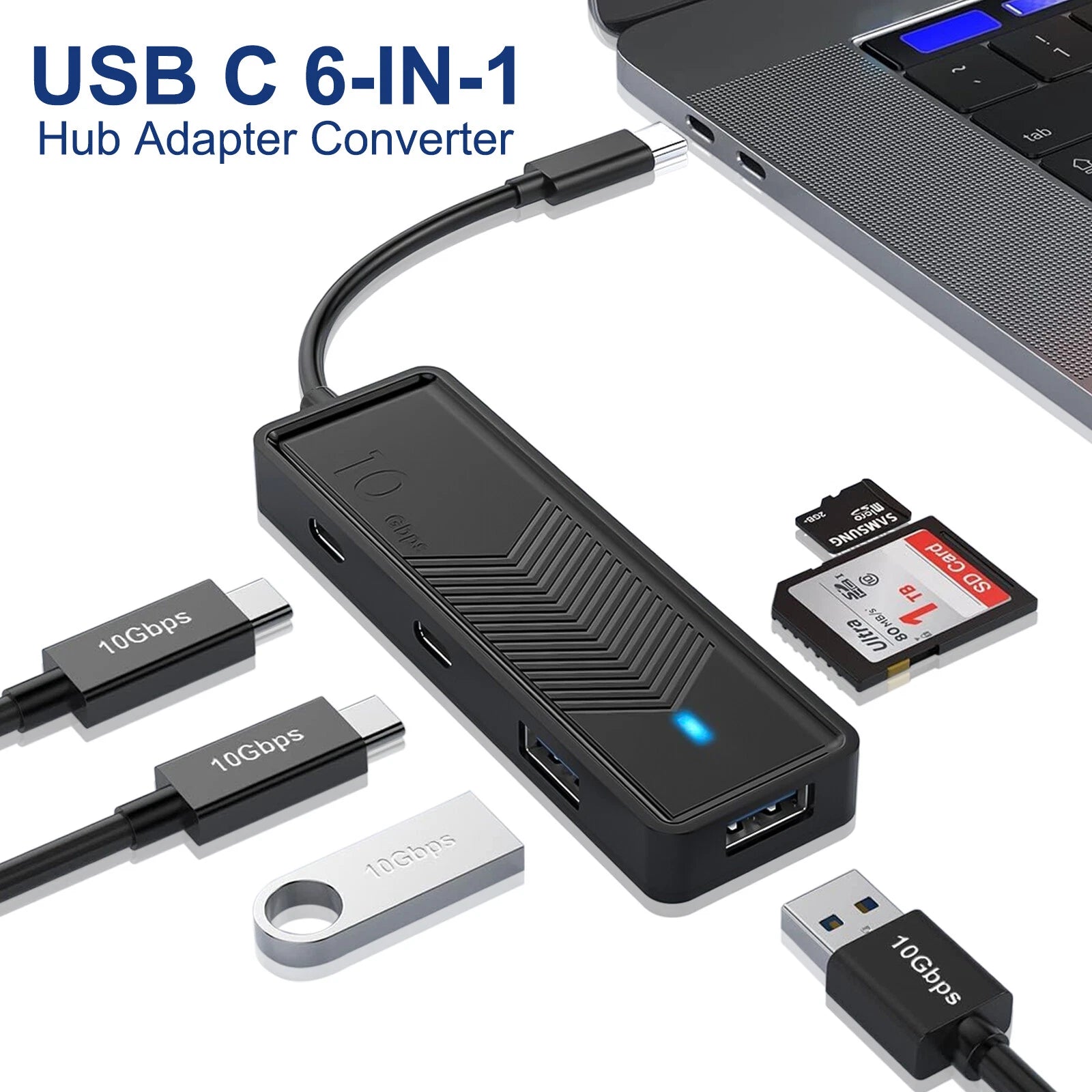 6IN1 Type C Hub Adapter SD/TF Card Reader USB 3.2 High Speed for Windows 7/8/10